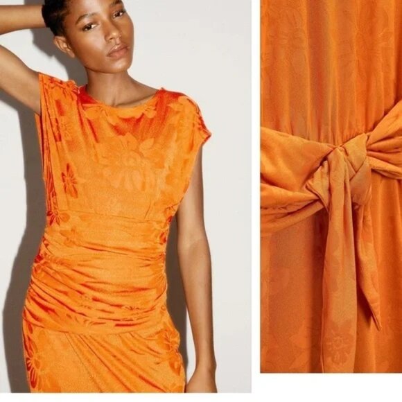 Zara orange jacquard tie front short sleeve long maxi dress Sz Small - Picture 2 of 7